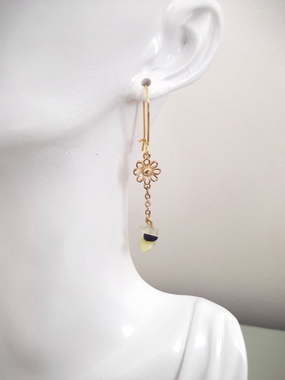 Daisy Flower Drop Earrings Jade, Yellow Quartz & Blue Wood Bead 