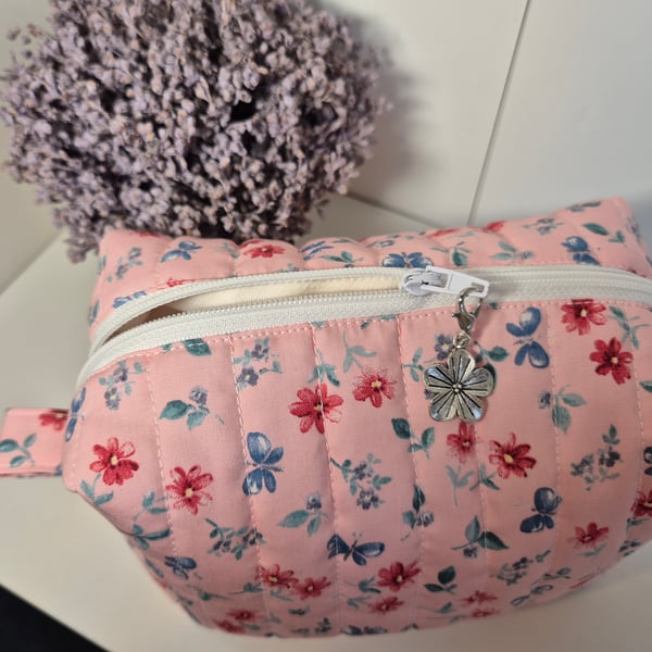 Padded floral cosmetics bag with zip - 'meadow' fabric design