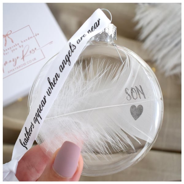 Son Memorial Round Feather Bauble, In Memory of Son, Round Glass Christmas Ornam