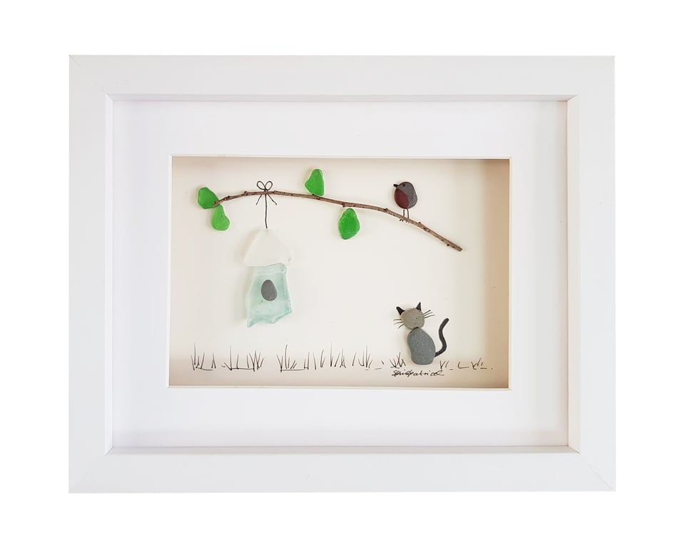 Cat Watching Bird - Sea Glass & Pebble Picture - Framed Unique Handmade Art