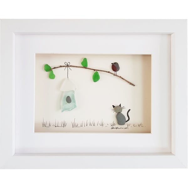 Cat Watching Bird - Sea Glass & Pebble Picture - Framed Unique Handmade Art