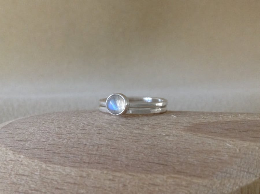 Rainbow Moonstone all fine silver twin stacking ring set