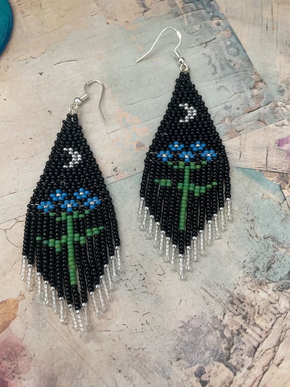 Handmade Beaded Crescent Moon & Forget-Me-Not Fringe Earrings - Black Celestial 