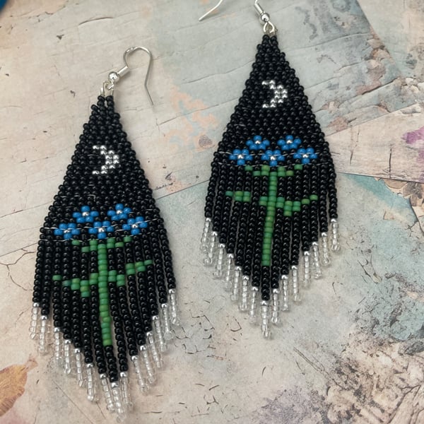 Handmade Beaded Crescent Moon & Forget-Me-Not Fringe Earrings - Black Celestial 