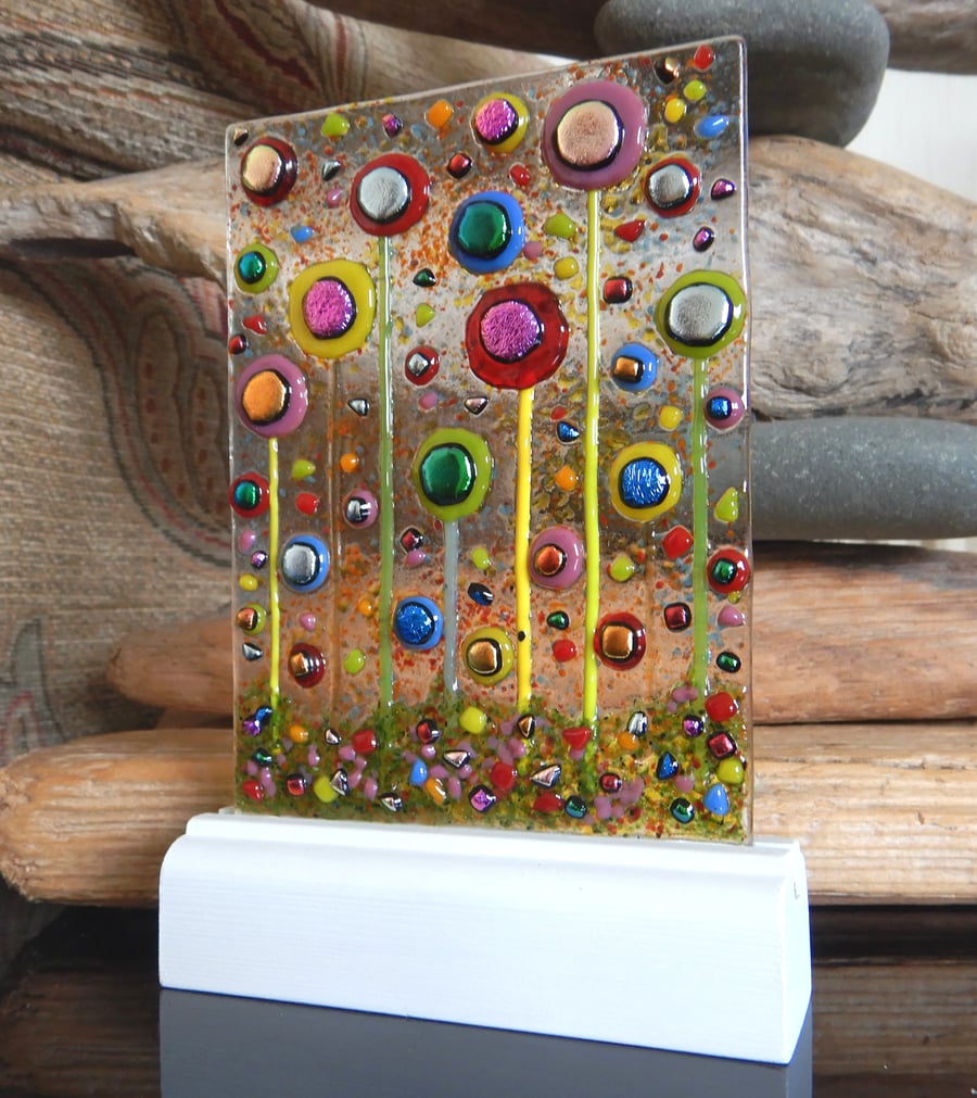 Handmade Fused Glass 'IN THE GARDEN' standing picture.