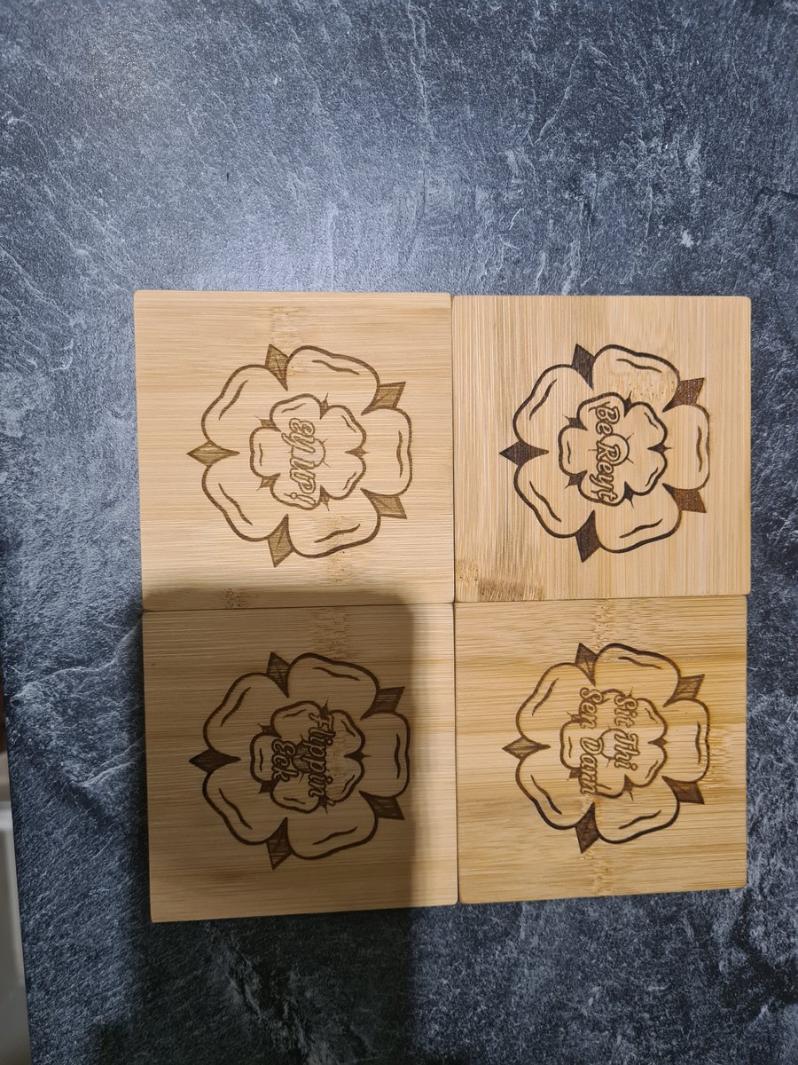 4 Bamboo wooden coasters with Yorkshire rose and a Yorkshire saying. 