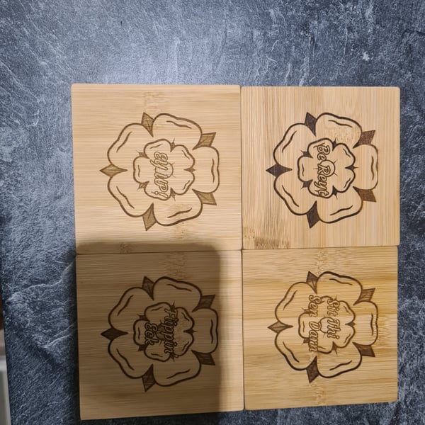 4 Bamboo wooden coasters with Yorkshire rose and a Yorkshire saying. 