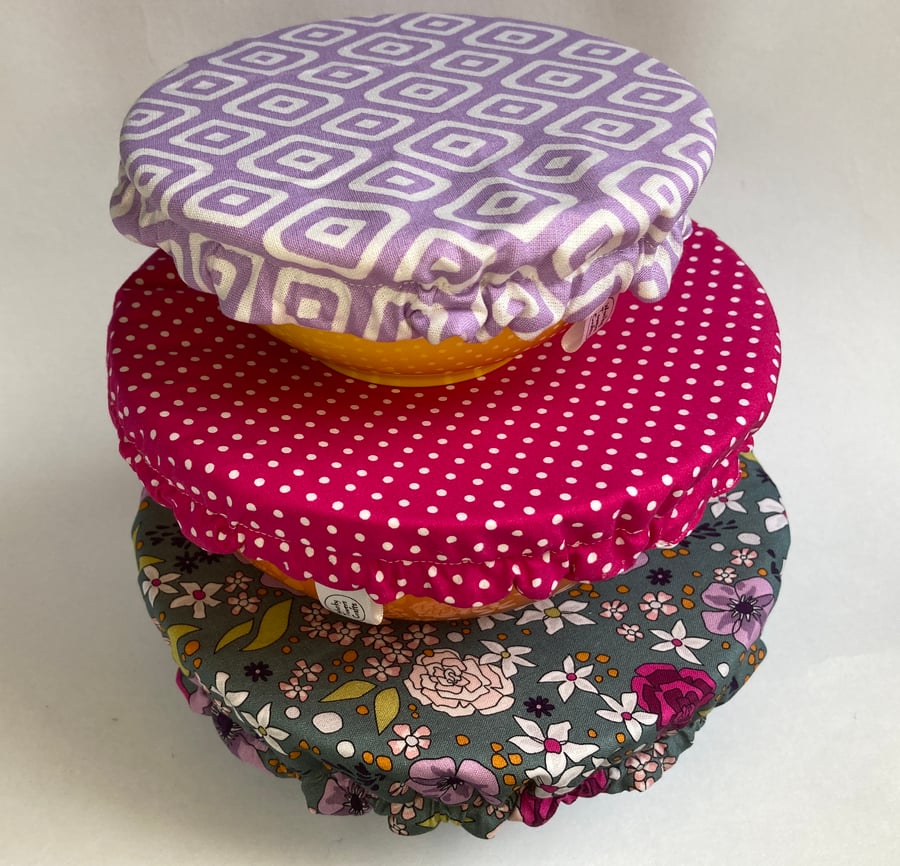 Reusable bowl covers - set of three. Pinks and purples