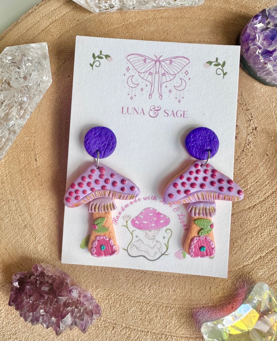 Mushroom Earrings, Fairy house Polymer Clay Earrings,