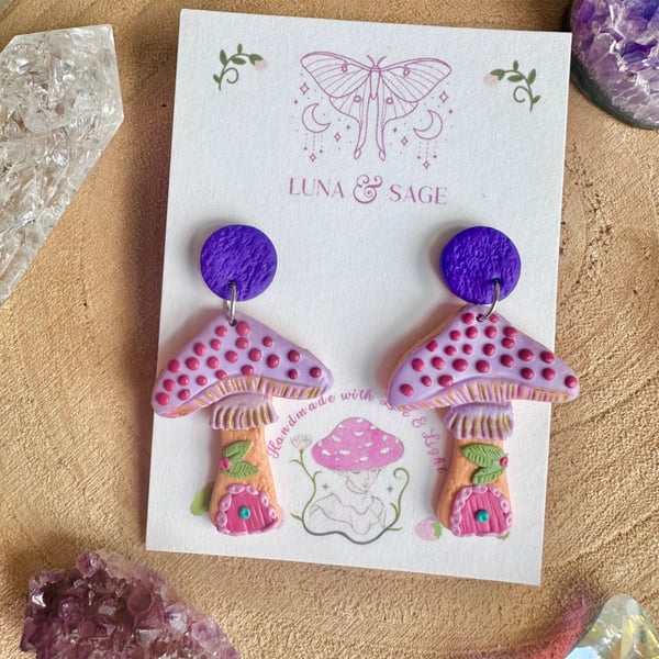Mushroom Earrings, Fairy house Polymer Clay Earrings,