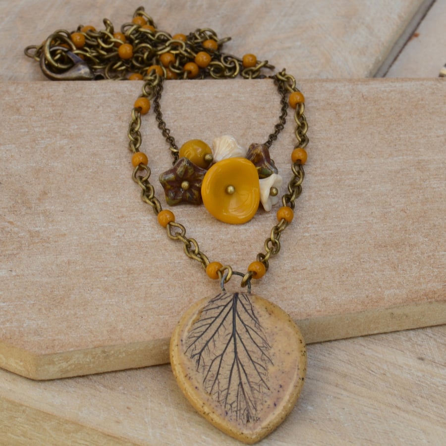 Mustard Ceramic Leaf Pendant with Mustard & Cream Bead Cluster Layered Necklace