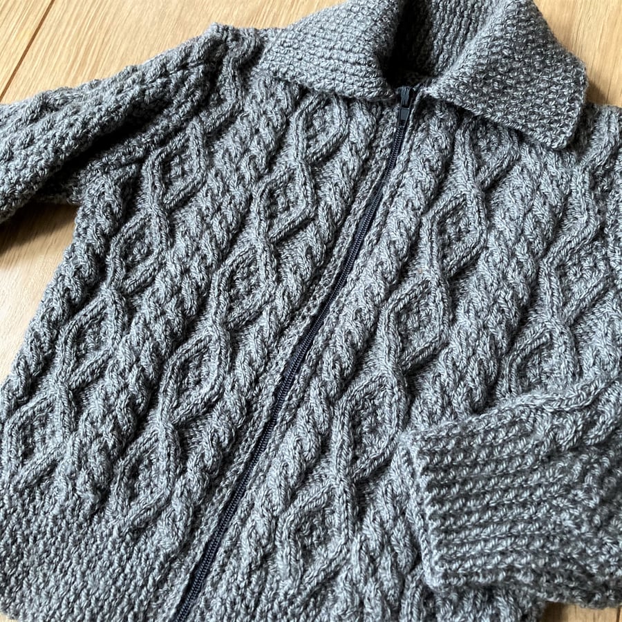 Boy's Handknitted Zip Up Cardigan to fit age 2 - 3 years in charcoal grey