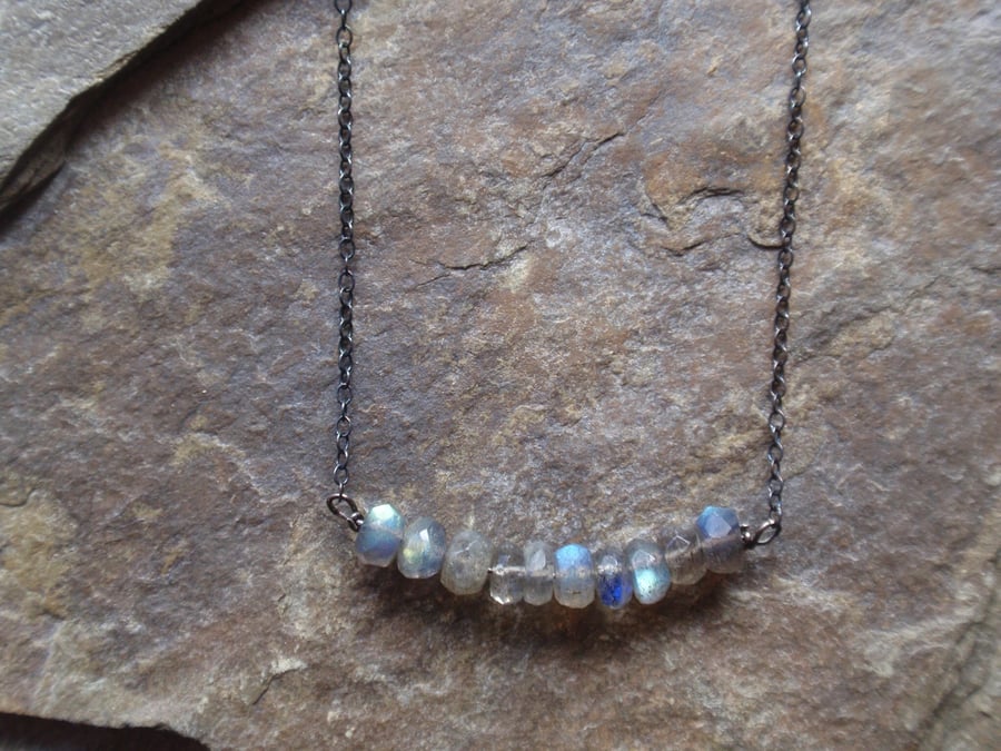 Labradorite necklace with black sterling silver chain, grey gemstone necklace
