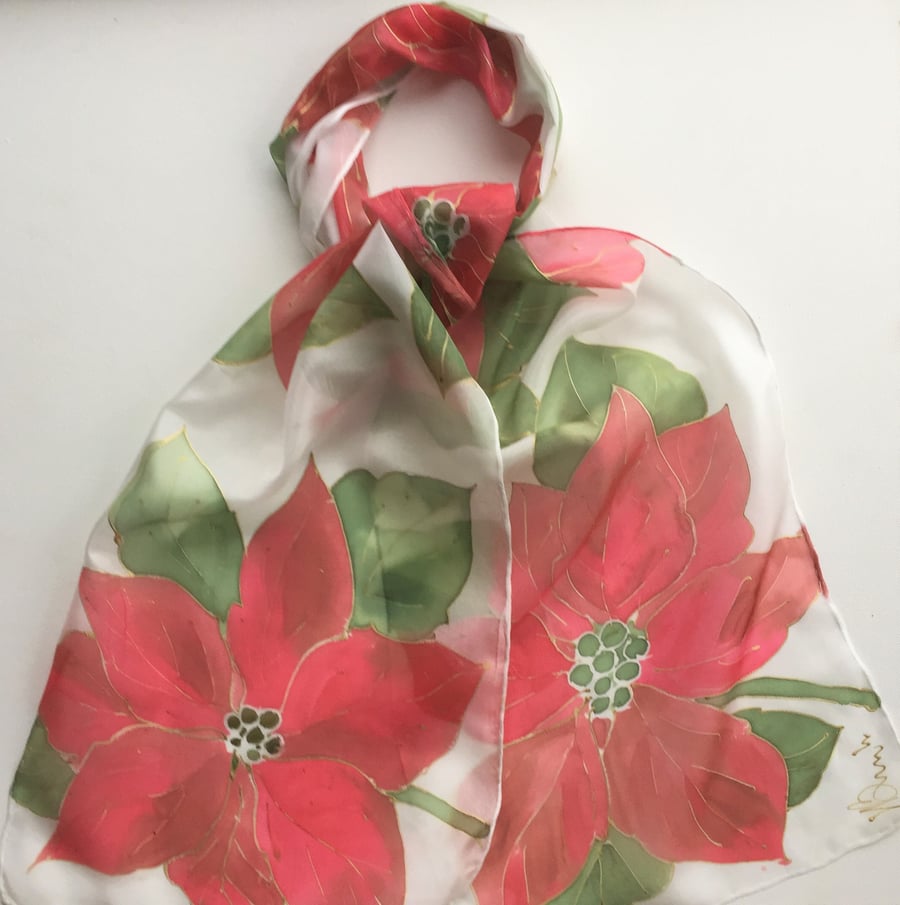 Red Poinsettia hand painted silk scarf