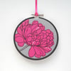 free motion and hand embroidered floral textile hoop original art pink