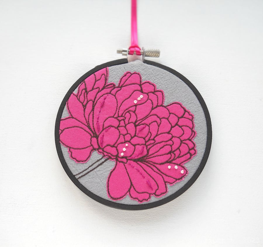 free motion and hand embroidered floral textile hoop original art pink