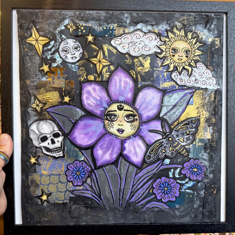 Midnight Garden: ORIGINAL large, square, gothic alt grunge mixed media piece.