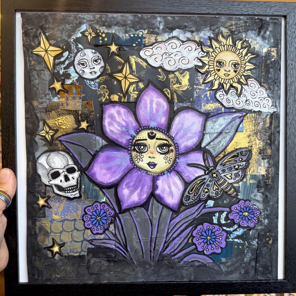Midnight Garden: ORIGINAL large, square, gothic alt grunge mixed media piece.