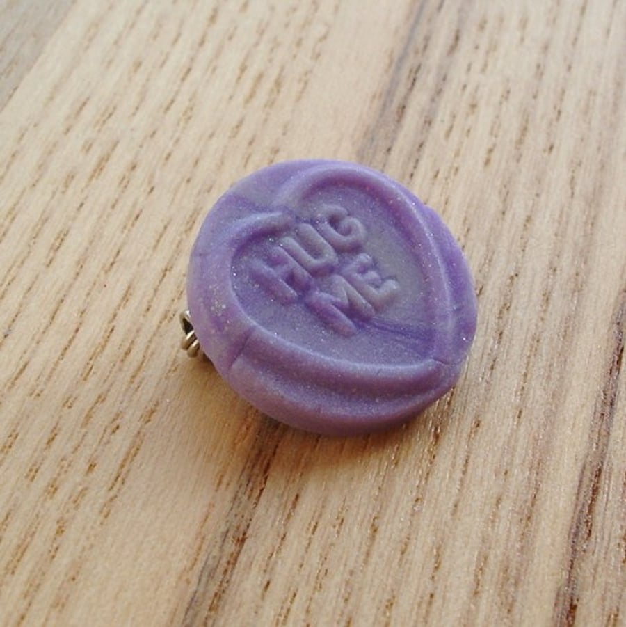 Hug Me Purple Love Heart Badge