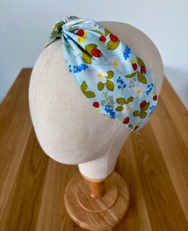 Cotton headband, twist knot style hairband in blue with strawberry print