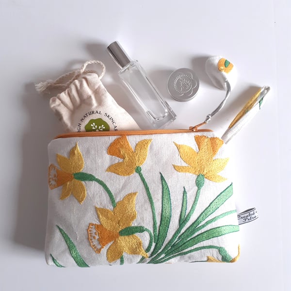 Toiletries make up bag clutch bag upcycled in daffodils vintage embroidery 