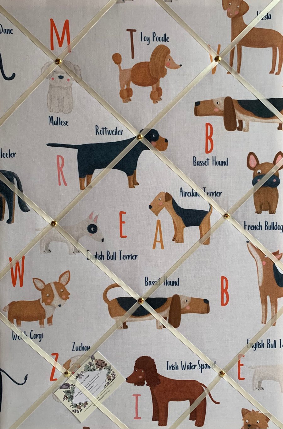 Handmade Bespoke Memo Notice Board With ABC Dog Breeds Fabric
