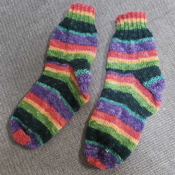 Hand knit short socks multicoloured rainbow 