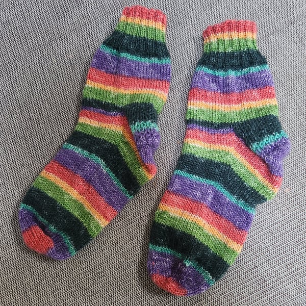 Hand knit short socks multicoloured rainbow 