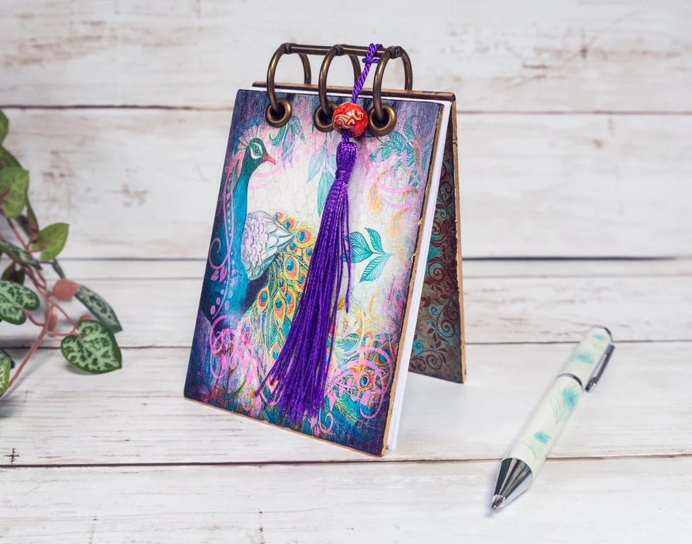 A7 Pocket Notebook with Purple Peacocks, Handmade, Refillable, Gift