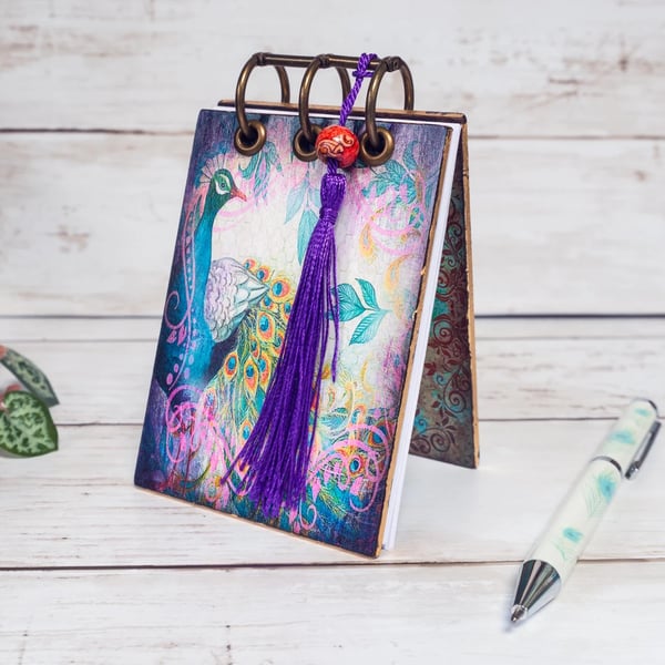 A7 Pocket Notebook with Purple Peacocks, Handmade, Refillable, Gift