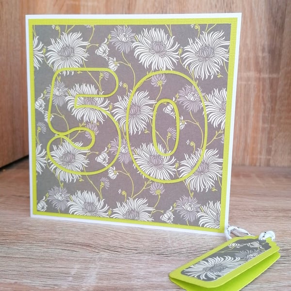 50th Birthday Card. Grey Floral