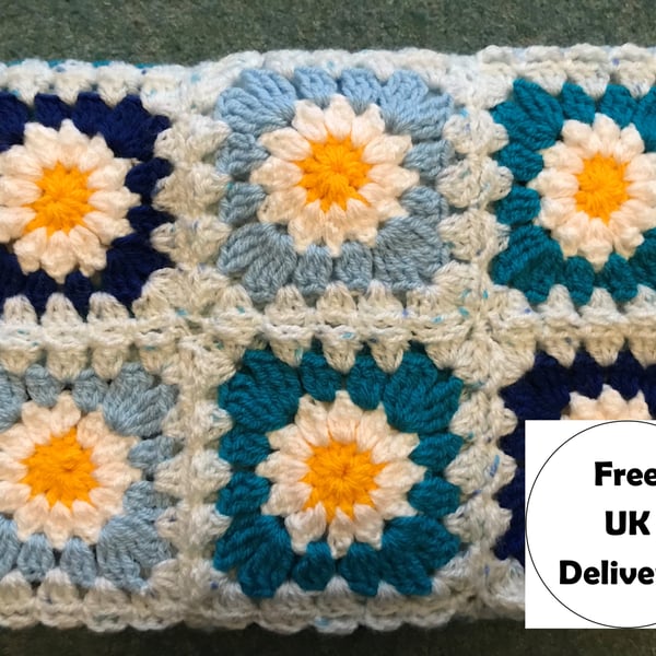 Crocheted Cot Crib Baby Blanket Daisy Squares Blue and White