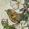 Wren in Roses lino cut print