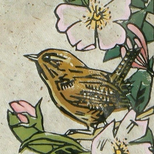 Wren in Roses lino cut print