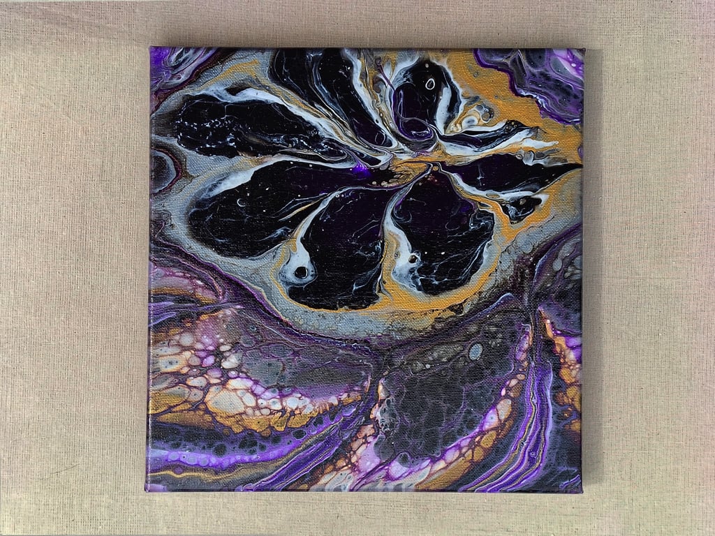 Acrylic Pour Art Canvas, Wall Art - Purple, Black, White and Gold Colour Scheme