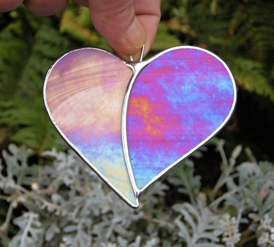 Stained Glass Love Heart "When Two Hearts become One" in iridescent glass