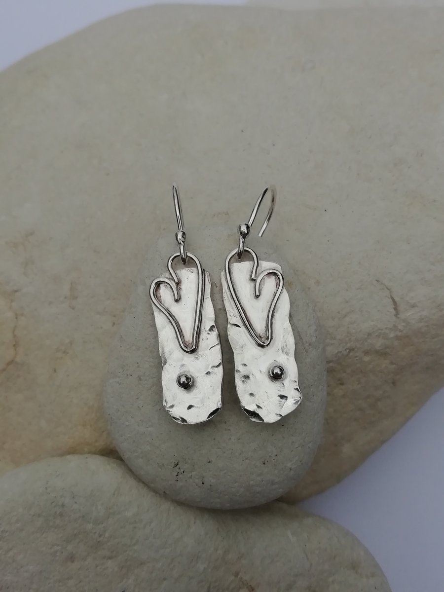 Hammered Rectangular Earrings with Hearts
