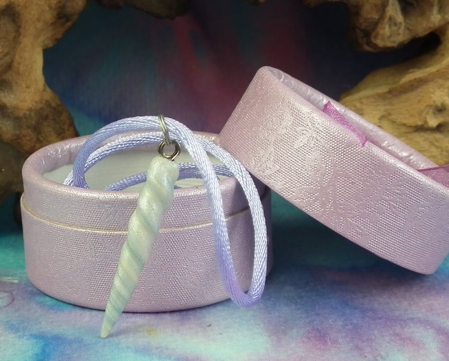 Sale Magical Unicorn Horn necklace pendant boxed 20" OOAK Sculpt by Ann Galvin