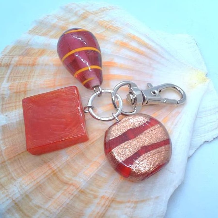 Red Square Bead Red & Gold Bead and Pink Tear Drop Bead Bag Charm, Gift for Her
