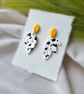 Dalmatian Print Leaf Earrings - Yellow and Monochrome Polymer Clay Dangles - Image 3