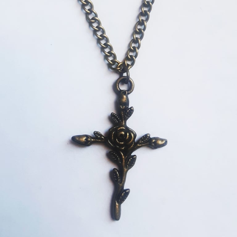 Boho Rose Cross Drop Dangle Gothic Necklace