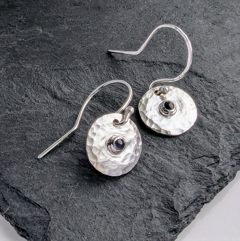 STERLING SILVER Iolite  Drop Earrings, Handmade Urban Designed Jewellery