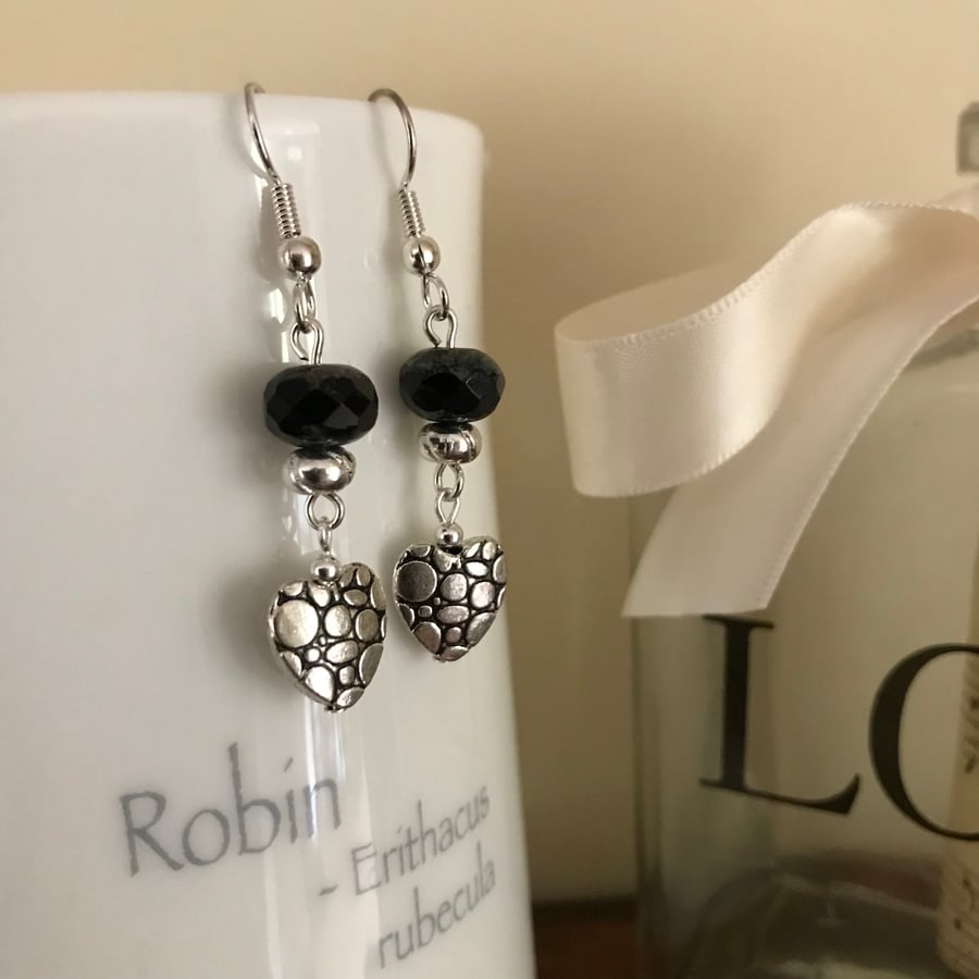 Silver and black heart earrings