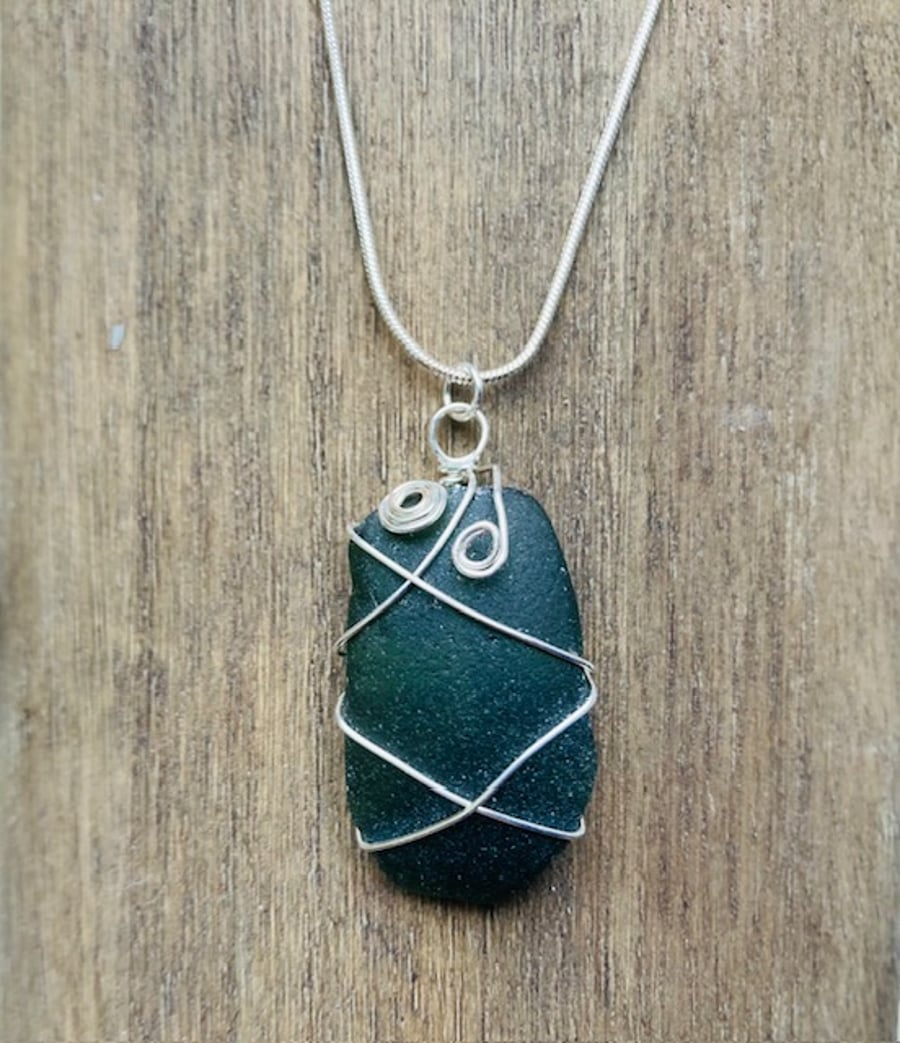 Dark green seaglass pendant and chain