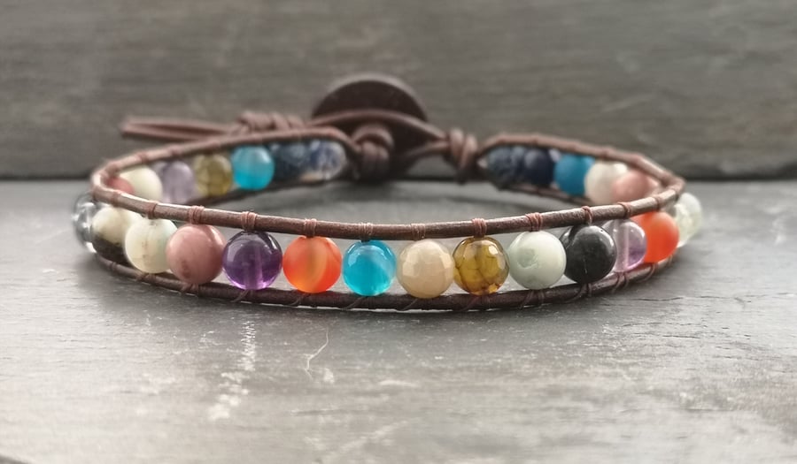 Mixed semi precious gemstone bead and leather bracelet with wooden button 