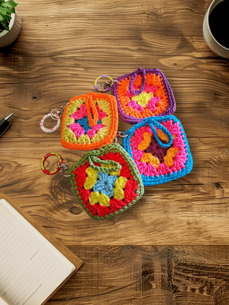 Colourful crochet pouch keyrings, for Loops, earbuds etc.
