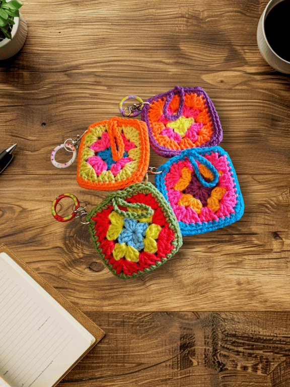 Colourful crochet pouch keyrings, for Loops, earbuds etc.