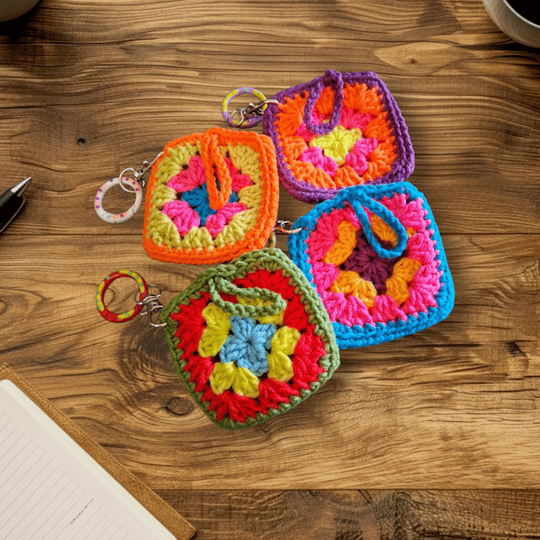 Colourful crochet pouch keyrings, for Loops, earbuds etc.