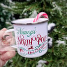 Personalised north pole enamel hot chocolate mug 