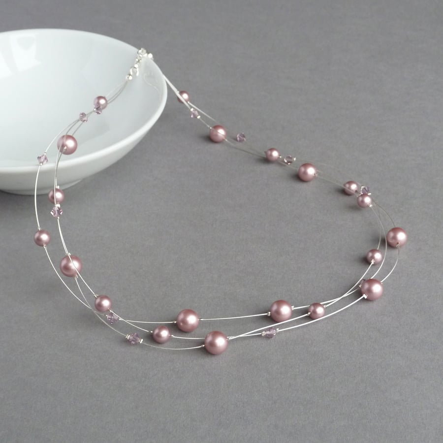 Dusky Pink Floating Pearl Necklace - Powder Rose Bridesmaid Jewellery - Gifts